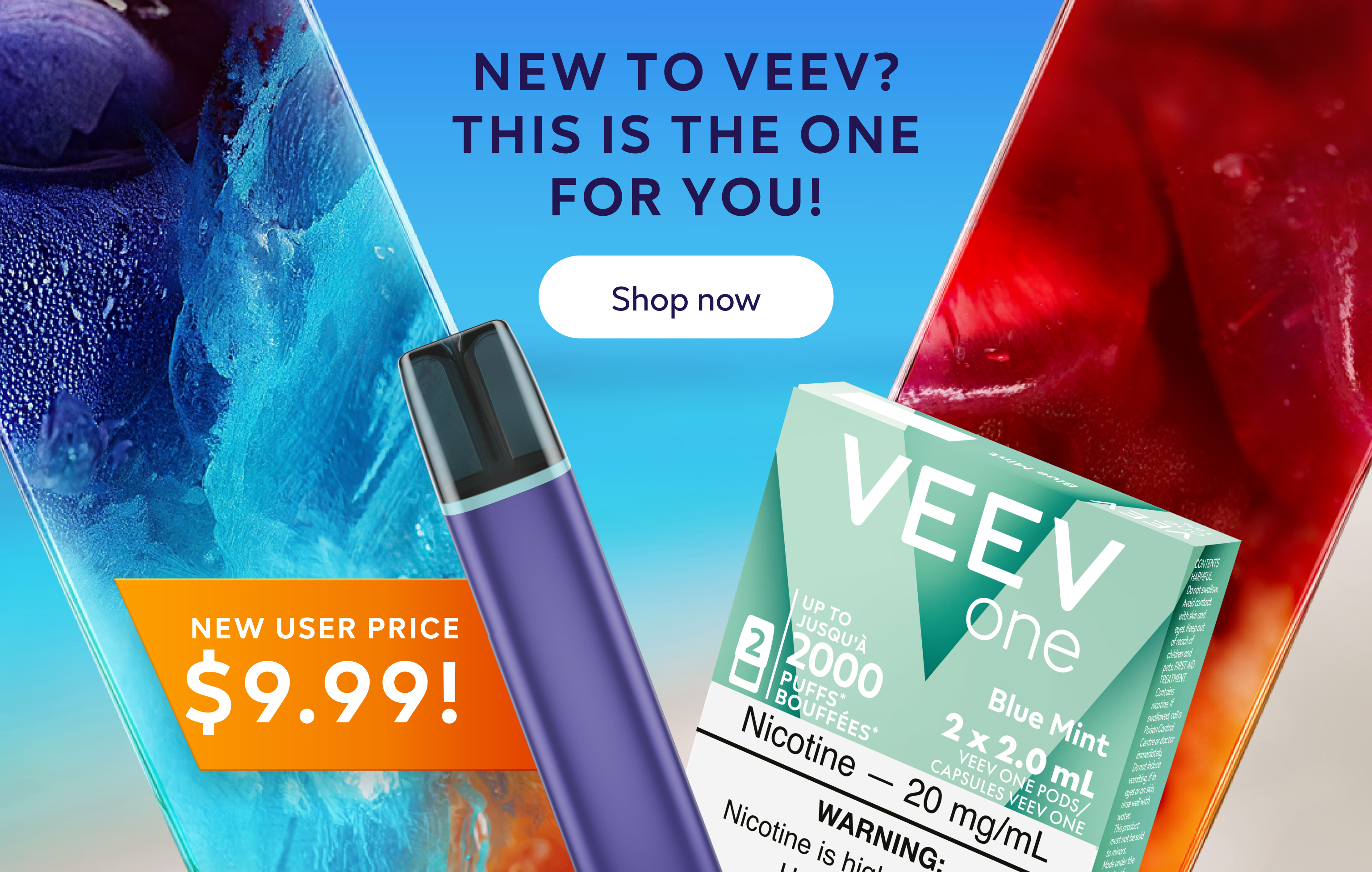 VEEV ONE vape and pack of pods on colourful V background 